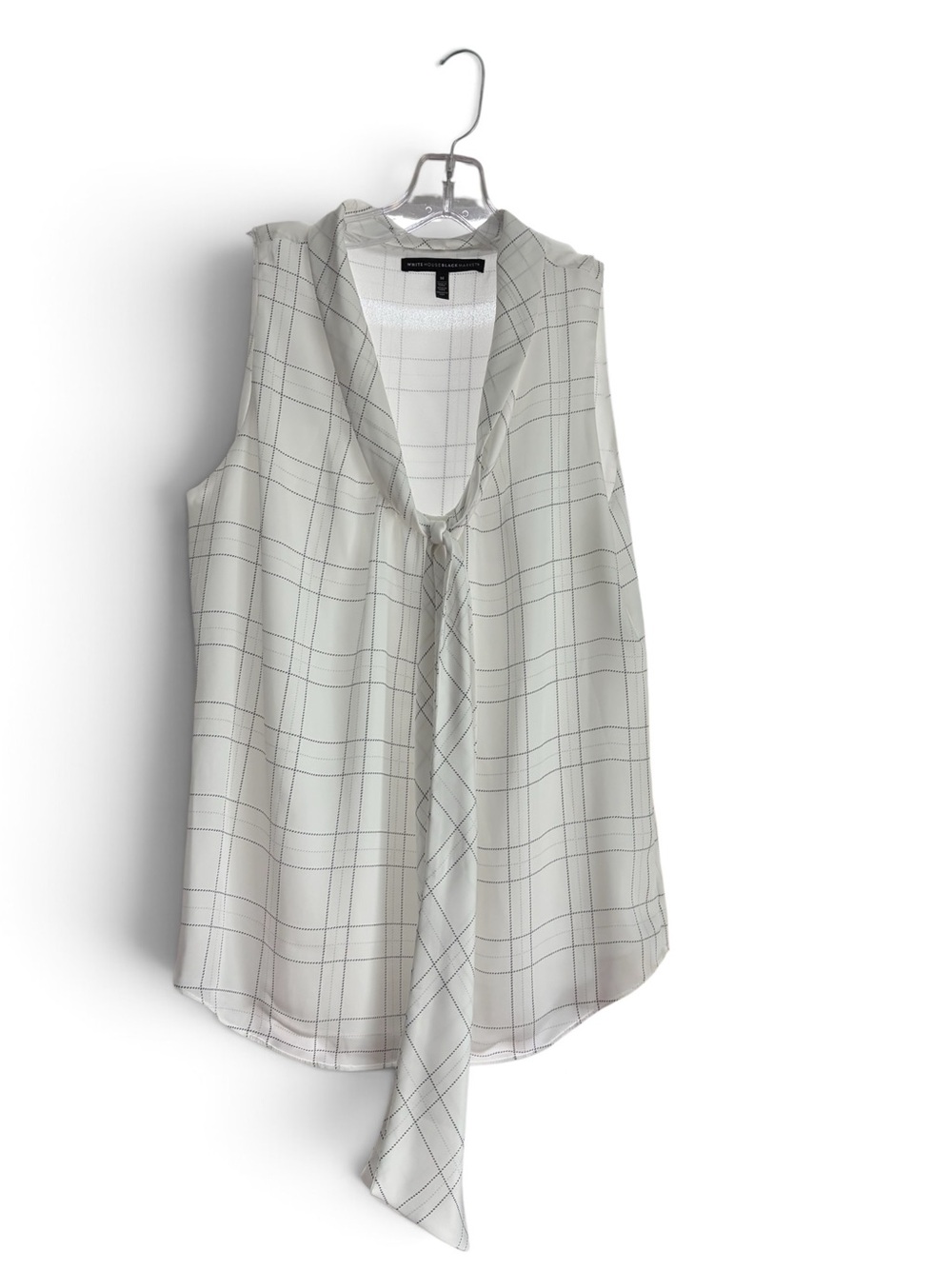 White House Black Market White Sleeveless Tie-Neck Plaid Blouse